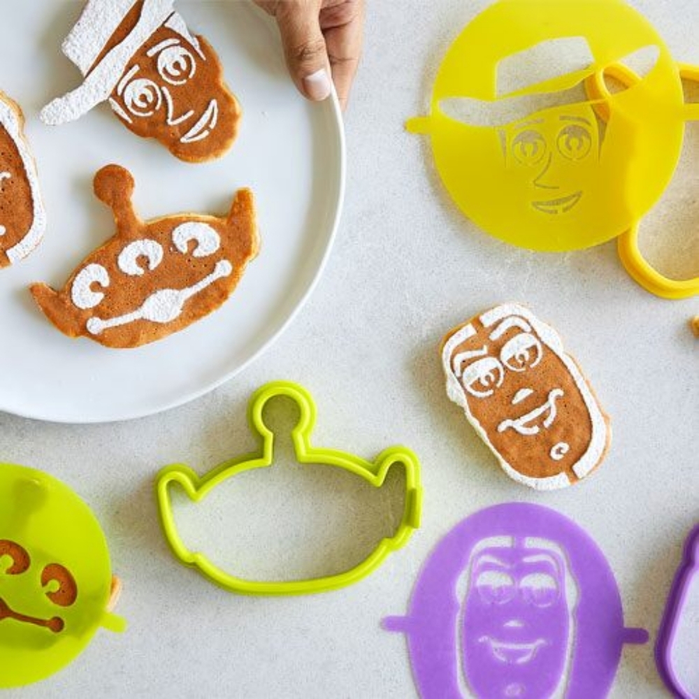 Toy Story pancake molds and stencils, with Hamm spatula.